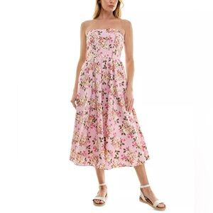 Row-A Juniors' Strapless Corset Pink Floral Midi Dress